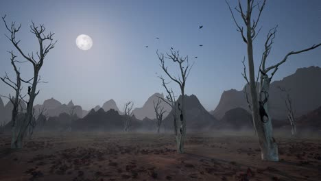 Arid-desert-environment-on-night,-with-dead-trees,-mist,-branches-and-leaves,-birds-flying-above,-3D-animation,-animated-scene,-camera-dolly-up