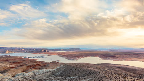 Clouds-Over-Lake-Powell-Reservoir-At-Sunrise-In-Utah,-United-States---Timelapse