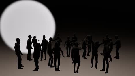 3D-People's-silhouettes-dancing-and-having-fun-on-black-background,-with-white-circle-light-passing