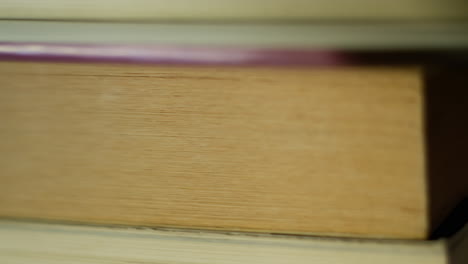 Panning-shot-revealing-macro-closeup-of-old-yellowing-book-on-bookshelf-from-behind-plant-with-camera-panning-left-to-right