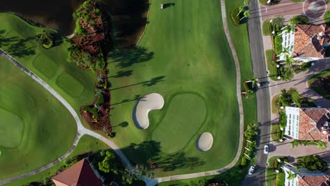 Aerial-drone-shot-looking-straight-down-at-a-golf-course-in-Florida