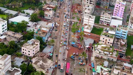 A-Heavily-Congested-Highway-in-Barisal,-Bangladesh---Aerial-Drone-Shot