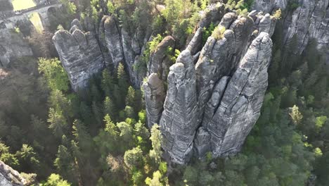 Aerial-Top-Down-View-of-Bastei-Rock-Formation-Elbe-River-Near-Korort-Rathen,-Germany