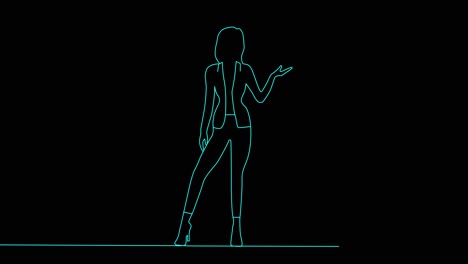 Animation-of-one-line-blue-drawing-of-single-continuous-line-drawing-businesswoman-standing-straight-with-open-arms