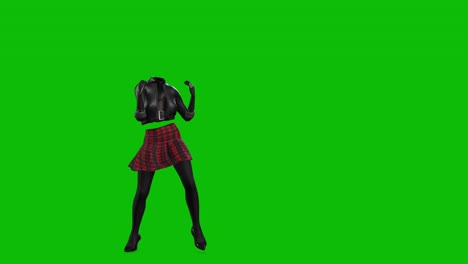 3D-invincible-woman-wearing-leather-jacket,-short-skirt-and-high-heels,-dancing-on-green-screen,-3D-animation