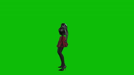 3D-invincible-woman-wearing-leather-jacket,-short-skirt-and-high-heels,-dancing-on-green-screen,-3D-animation