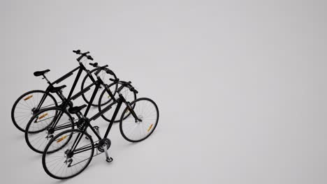 Drei-Schwarze-3D-Fahrräder-Auf-Weißem-Hintergrund,-3D-Animation,-Kamerawagen-Langsam-Nach-Rechts
