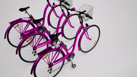 Three-purple-3D-bicycles-on-white-background,-3D-animation,-camera-zoom-out-slowly