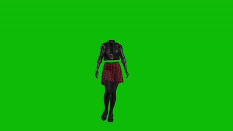 3D-invincible-woman-wearing-leather-jacket,-short-skirt-and-high-heels,-walking-on-green-screen,-3D-seamless-loop-animation,-front-view