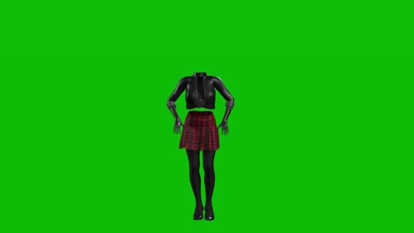 3D-invincible-woman-wearing-leather-jacket,-short-skirt-and-high-heels,-dancing-on-green-screen,-3D-animation