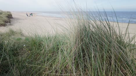 Escena-De-Dunas-De-Arena-Con-Familia-Jugando-En-La-Playa-Inglesa-Como-Telón-De-Fondo