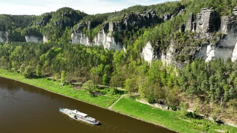 Aerial-View-of-Elbe-River-and-Bastei-Rock-Formations-in-Kurort-Rathen,-Germany