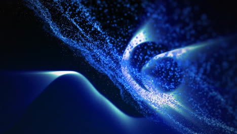 Animation-Von-Leuchtenden-Lichtpunkten-Und-Blauem-Netz-Auf-Schwarzem-Hintergrund