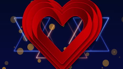 Animation-of-red-heart-icon-over-neon-light-trails-and-yellow-spots-against-blue-background