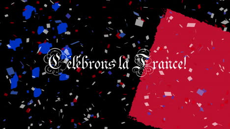 Animation-of-celebrons-la-france-text-with-french-flag-and-confetti-on-black-background