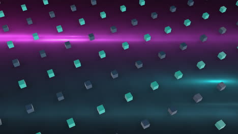 Animation-Von-Quadraten,-Die-Sich-über-Violette-Lichtspuren-Bewegen