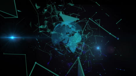 Animation-Eines-Verbindungsnetzwerks-Mit-Globus-über-Lichtspuren-Auf-Schwarzem-Hintergrund