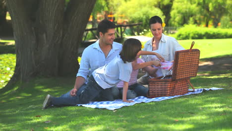 Happy-family-eating-watermelon-on-a-picnic