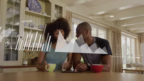 Animation-of-data-processing-over-african-american-couple-using-tablet