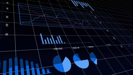Animation-of-blue-charts-processing-data-on-interface-with-black-background