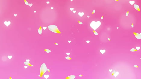 Animation-of-flower-petals-and-hearts-over-light-spots-on-pink-background