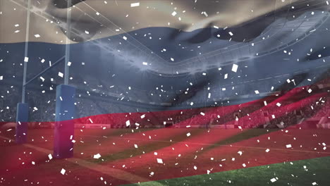 Animation-Von-Fallendem-Konfetti-Und-Der-Russischen-Flagge-über-Einem-Sportstadion