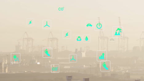 Animation-of-network-of-eco-icons-over-cityscape