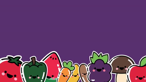 Animation-Von-Fröhlichen-Gemüsesymbolen-Auf-Violettem-Hintergrund