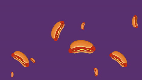 Animation-of-falling-hot-dogs-icons-on-purple-background
