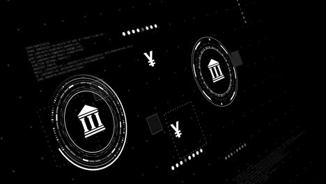 Animation-Von-Währungs--Und-Banksymbolen-Mit-Datenverarbeitung-Auf-Schwarzem-Hintergrund