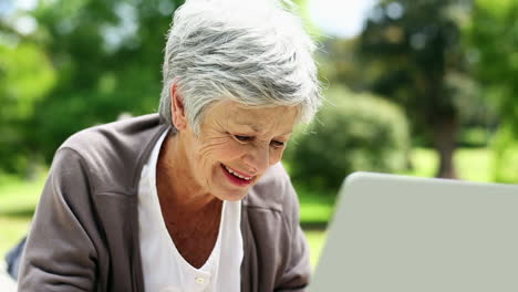 Happy-senior-woman-relaxing-in-the-park-using-her-laptop