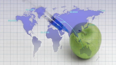 Animation-of-world-map-and-data-processing-over-syringe-with-needle-piercing-apple