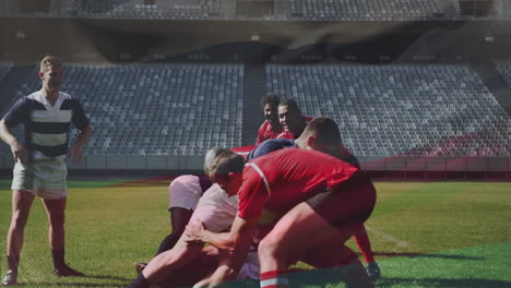 Animation-Der-Russischen-Flagge-über-Verschiedenen-Männlichen-Rugby-Teams,-Die-Während-Des-Spiels-Auf-Dem-Spielfeld-Tackeln