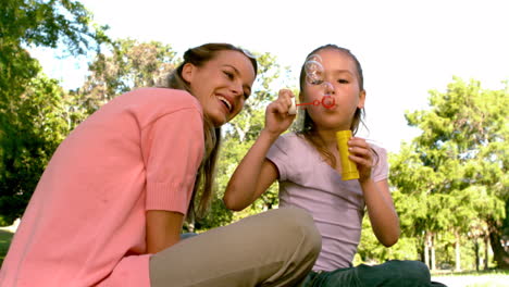 Kleines-Mädchen-Bläst-Seifenblasen-Mit-Ihrer-Glücklichen-Mutter-Im-Park