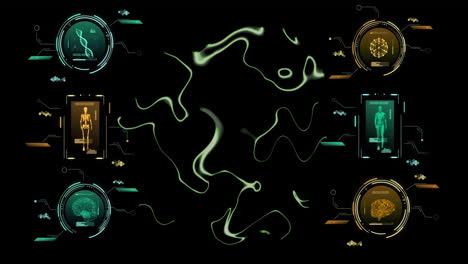 Animation-Von-Scannern,-Die-Medizinische-Daten-Verarbeiten,-Und-Reflektierender-Flüssigkeit-Auf-Schwarzem-Hintergrund