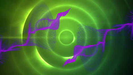 Animation-of-purple-shapes-over-green-circles-on-black-background