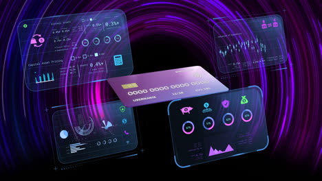 Animation-of-financial-data-processing-and-credit-card-over-purple-circles-on-black-background