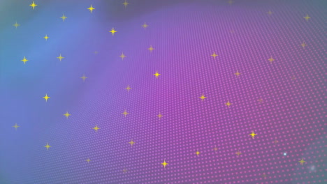 Animation-of-yellow-stars-over-blurred-flashing-coloured-lights-on-pixelated-screen