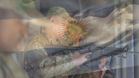 Animation-of-flag-of-argentina-over-caucasian-male-soldier-with-rifle