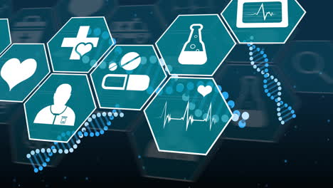 Animation-Der-Wissenschaftlichen-Datenverarbeitung-Und-Medizinischer-Symbole-über-DNA-Strängen