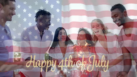 Animation-of-happy-4th-of-july-text-and-american-flag-over-diverse-friends-dancing-with-sparklers