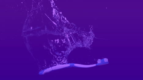 Animation-Einer-Zahnbürste-Im-Wasser-Auf-Violettem-Hintergrund