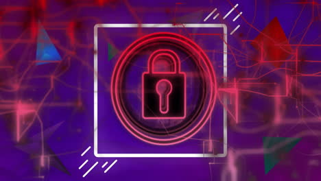 Animation-of-glowing-red-network-with-padlock-icon-on-purple-background