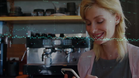 Animation-of-financial-data-processing-over-caucasian-woman-using-smartphone-grocery-shopping