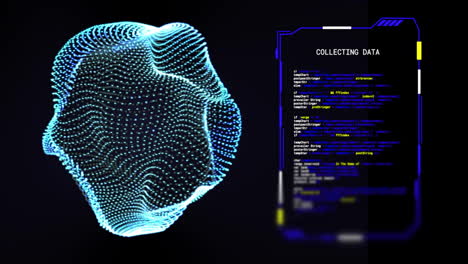 Animation-of-glowing-3d-network-and-interface-collecting-data-on-black-background