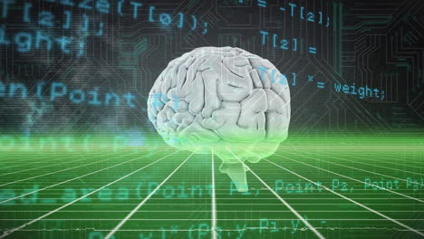 Animation-of-digital-brain-with-data-processing-over-computer-circuit-board-on-black-background