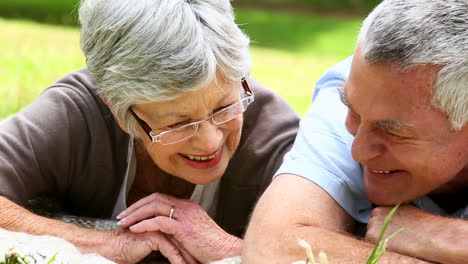 Affectionate-senior-couple-relaxing-in-the-park-lying-on-blanket