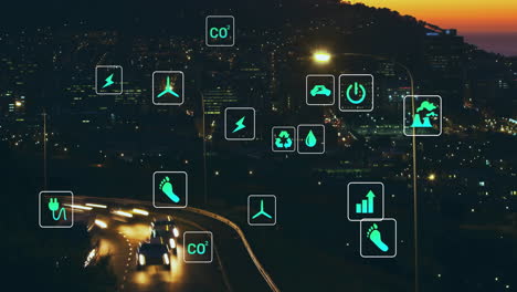 Animation-of-network-of-eco-icons-over-cityscape