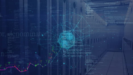 Animation-of-globe-of-connections-and-data-processing-over-server-room