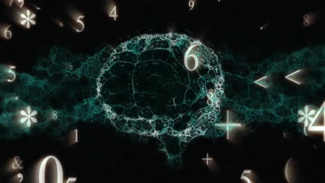 Animation-Numerischer-Daten-Und-Symbole-über-Einem-Leuchtenden-Gehirnnetzwerk-Auf-Dunklem-Hintergrund